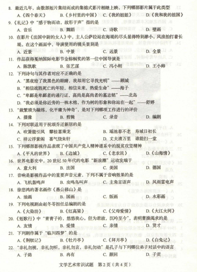 山东省2022年艺术类统考考试试题出炉！