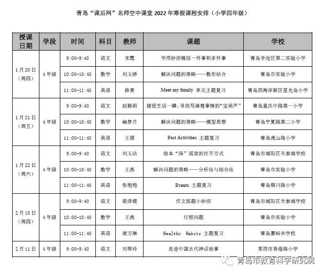 青岛教育e平台课后网名师空中课堂寒假课表来啦!