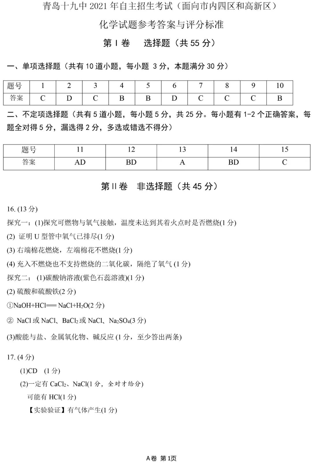 收藏！青岛十九中2021年自主招生考试化学试题（附答案）